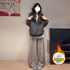 480G重磅加绒硬挺boxy男女秋冬美式高街条纹毛呢卫衣开衫厚外套，女装短外套，电商A486-1
