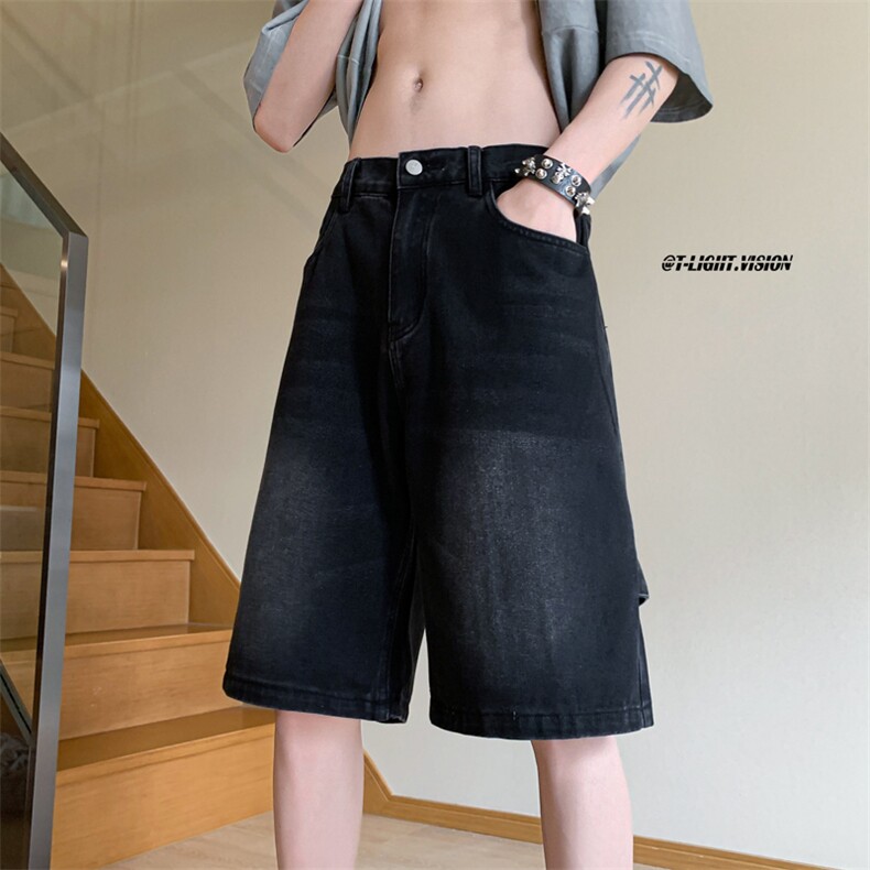 B221美式ins高街设计感拉链直通五分牛仔裤LK23082-P50控68,男装牛仔裤,电商B221
