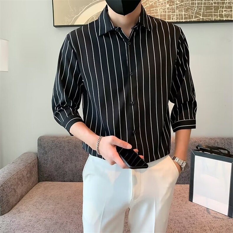 百搭衬衫标准简约ins条纹春季潮男原宿新款七分袖潮流C156-3图片