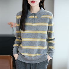 秋冬新款100纯羊毛衫女PoIo领长袖拼色条纹毛衣针织翻领打底上衣，女装羊毛衫，大美人包芯纱店