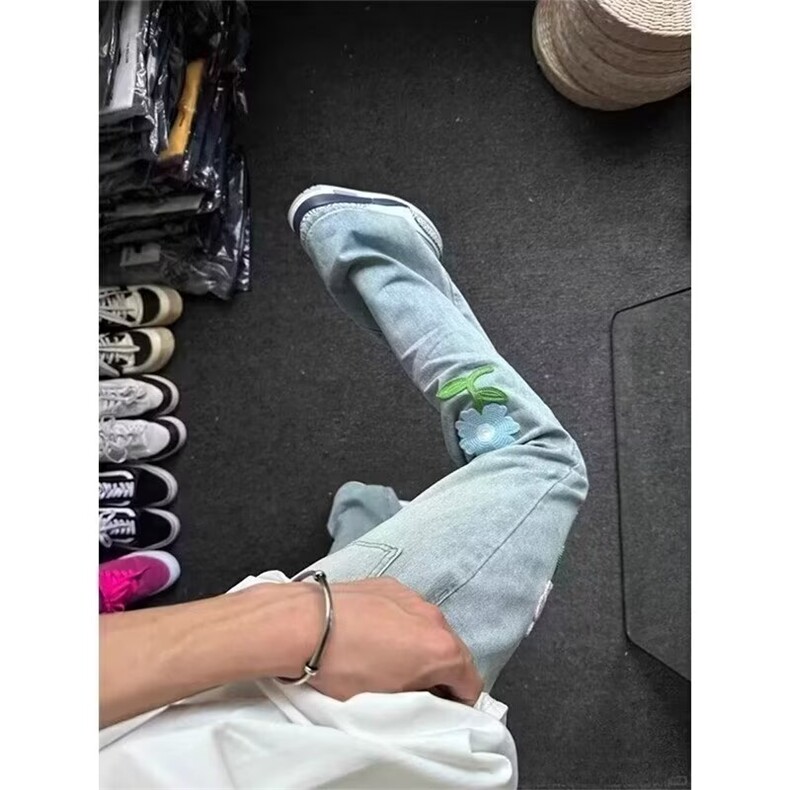 花朵刺绣微喇牛仔裤欧美裤子男高级感设计感直筒休闲裤AM7704P46,男装牛仔裤,星座1013-5