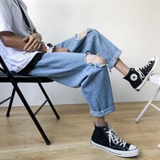 红ins超火裤子男牛仔裤潮牌破洞宽松直筒港风潮九分S08-p35,男装牛仔裤,星座1008-2
