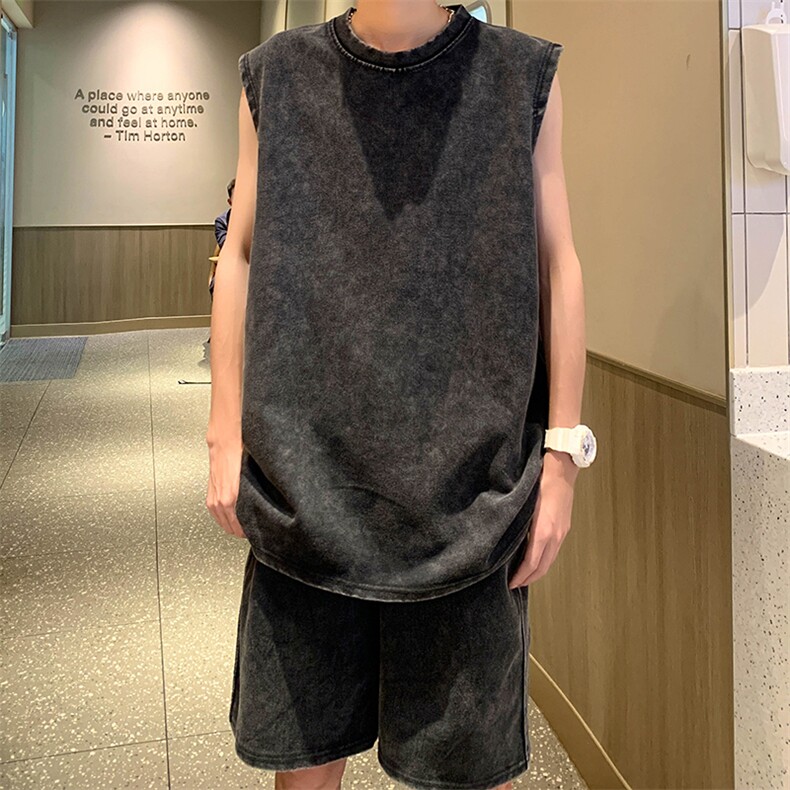 TZ30-P50美式水洗做旧短袖背心套装,男装休闲套装,星座1501-1