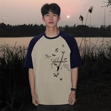 抖音得物高品质二开240克宽松纯棉美式潮牌插肩袖拼接短袖T恤，男装T恤，电商A486-1
