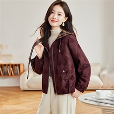 时尚菱格纹连帽夹棉外套女2026春新款宽松休闲短款，女装短外套，简韵佳