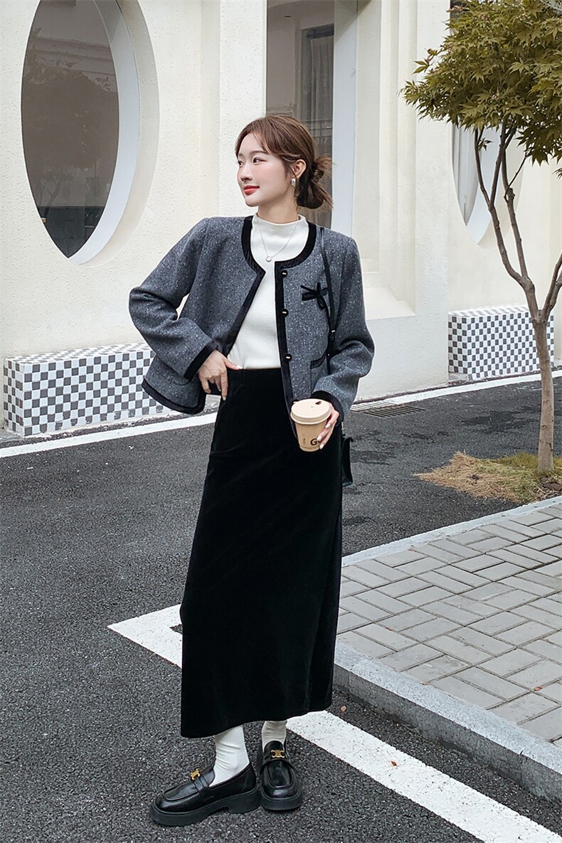灰色撞色小香风外套半身裙两件套女秋冬2025新款设计高级感套装,女装套装/套裙,欧黛芙妮