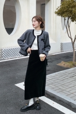 灰色撞色小香风外套半身裙两件套女秋冬2025新款设计高级感套装，女装套装/套裙，欧黛芙妮