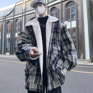 wassuphappy羊羔毛棉衣外套男款冬季加厚保暖小香风宽松格子棉袄