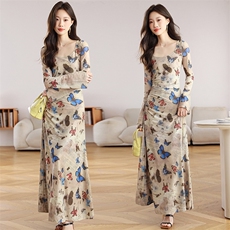 早秋女辣妹复古印花蝴蝶连衣裙长袖收腰性感修身网纱长裙性感气质，女装连衣裙，艾米