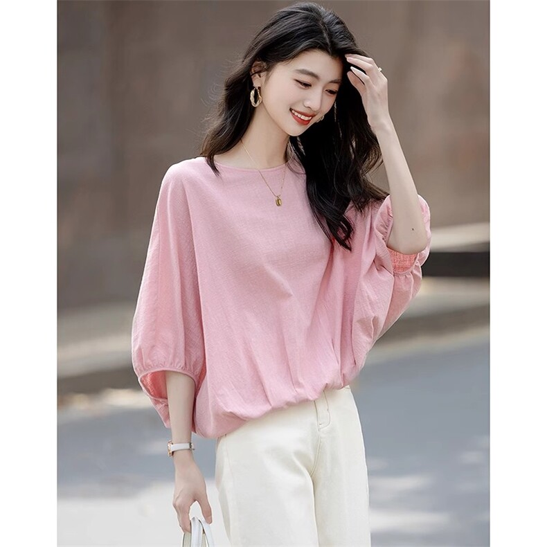 25夏多巴胺慵懒衬衫圆领中袖松紧下摆宽松衬衣女上衣，女装衬衫，梦白服饰厂