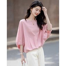 25夏多巴胺慵懒衬衫圆领中袖松紧下摆宽松衬衣女上衣，女装衬衫，梦白服饰厂