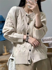 春新款韩版圆领甜美菱形纯色麻花开衫外套女，女装针织衫/毛衣，半城羊绒