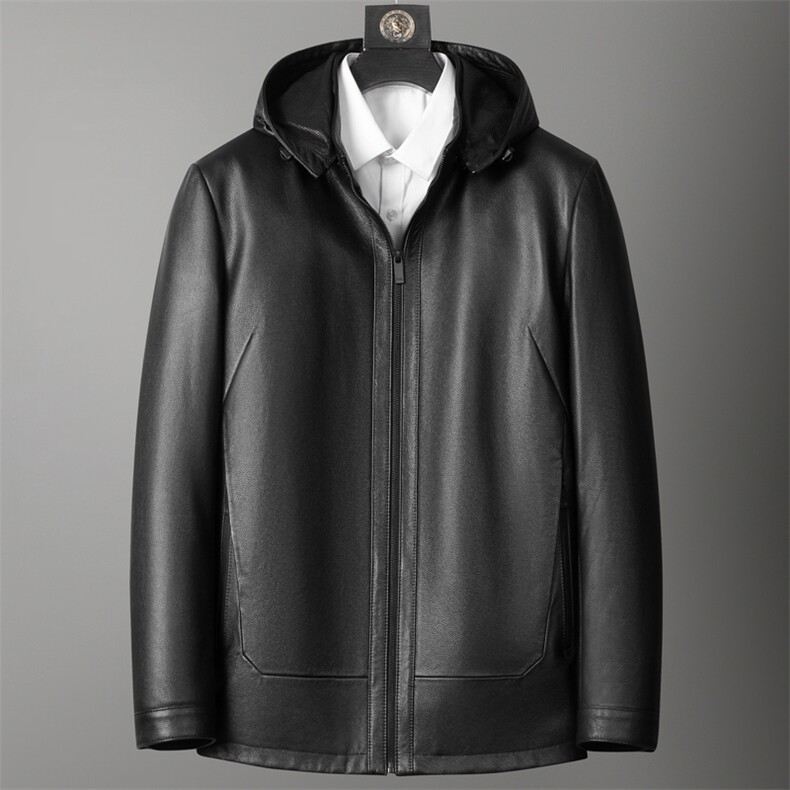 秋冬新款海宁真皮羽绒服男牛皮外套连帽可脱卸内胆一衣两穿P650图片