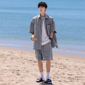 夏季套装男高品潮牌五分袖衬衫短裤大码两件套DSA157B-C69-P85图片