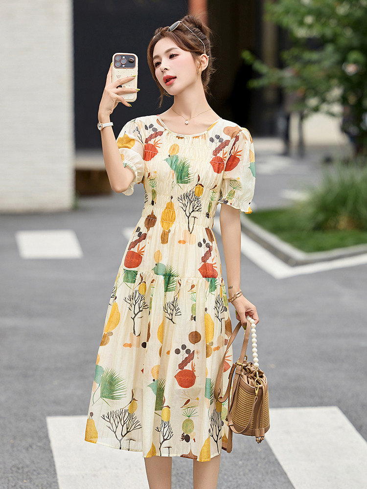 2025夏季新款时尚印花休闲韩系花朵亚麻天丝短袖连衣裙女中长裙子,女装连衣裙,布芭啦