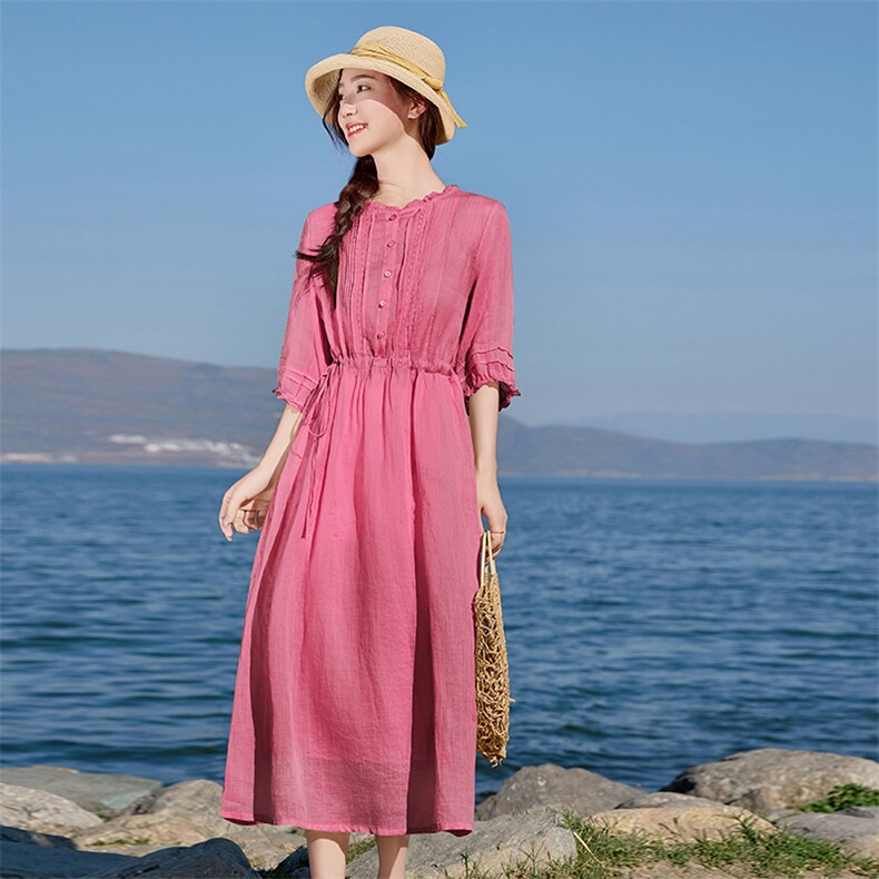 优雅气质2026年春季苎麻大摆型短袖休闲旅游约会逛街日常城市通勤，女装连衣裙，江南依恋