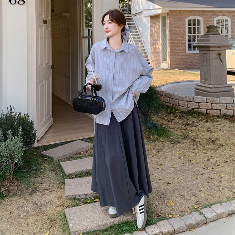 韩系穿搭衬衫半身裙套装女2025年春秋季新款高级感宽松休闲两件套,女装套装/套裙,2C051