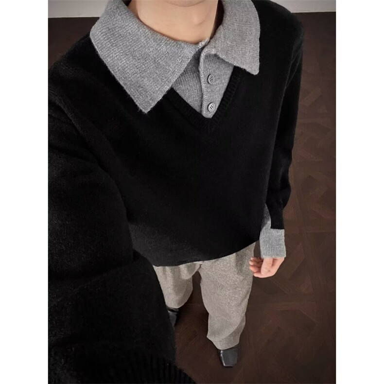 老钱风假两件毛衣男冬季翻领高级感青少年POLO领长袖针织衫加厚潮，男装针织衫/毛衣，四季星座505