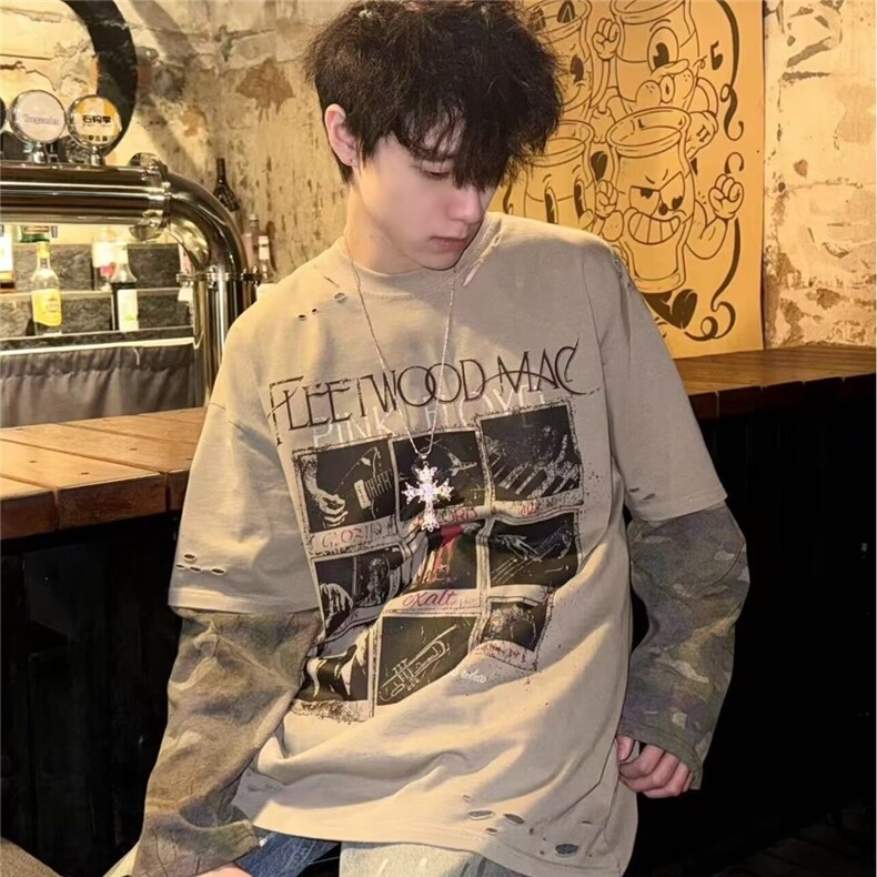 T89-P53春季美式复古假两件长袖T恤男宽松高级感迷彩拼接上衣,男装T恤,电商B323A