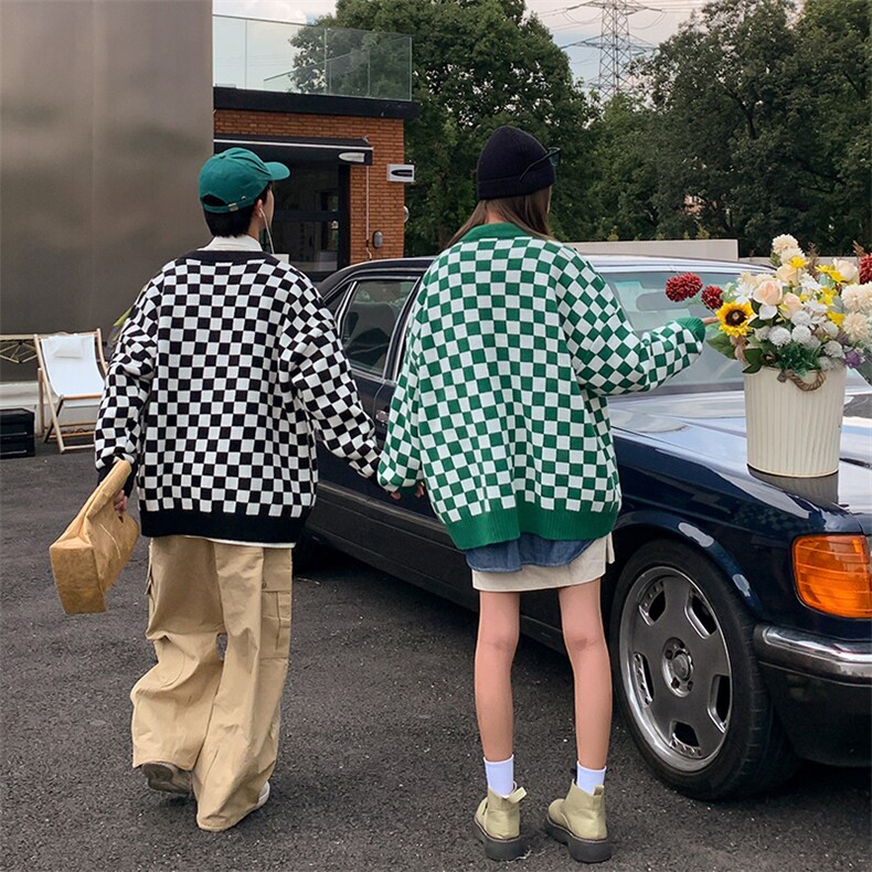 M3125-P85秋冬新款潮流棋盘格毛衣男女情侣宽松针织开衫上衣外套,男装针织衫/毛衣,电商A009A（原A058A）