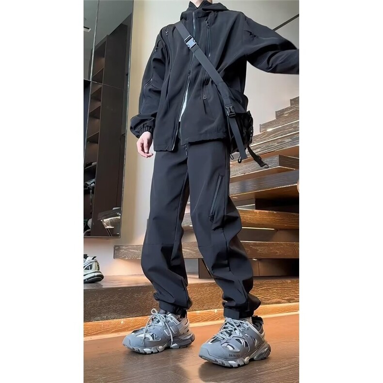 速干冲锋裤男设计感魔术贴束脚直筒登山裤子美式机能黑色工装裤潮,女装休闲裤,星座1210-1