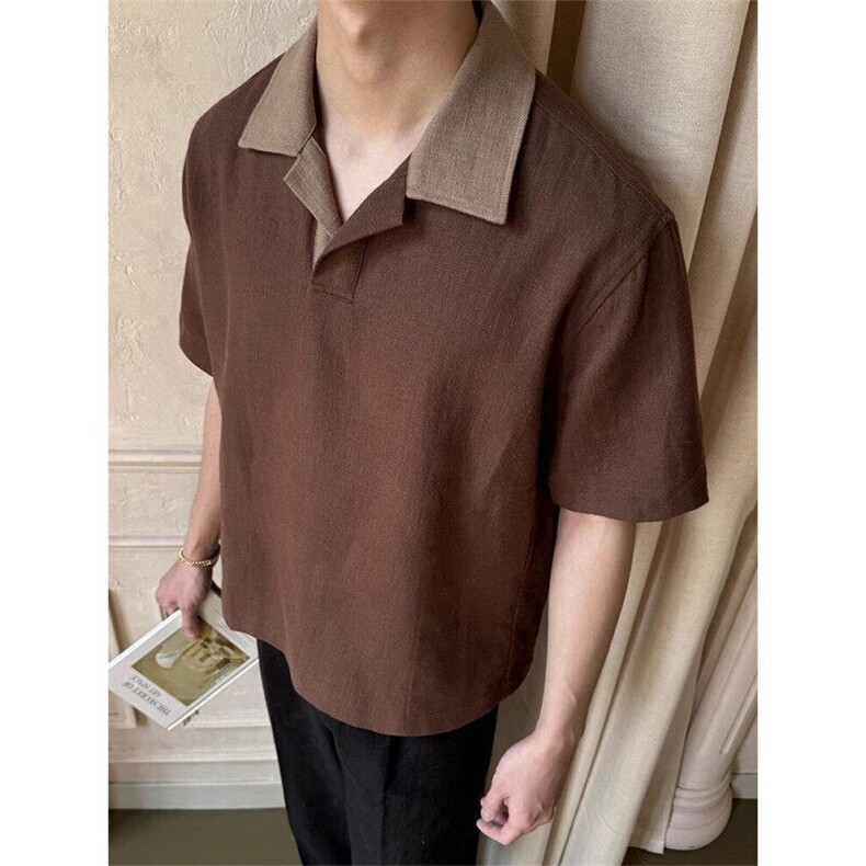 宽松休闲麻棉日系撞色短袖衬衫D328-C9926-P48,男装衬衫,电商D328