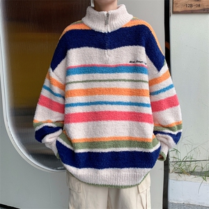 撞色条纹情侣毛衣冬季高级感美式潮牌半拉链针织衫男 M1598-P62图片