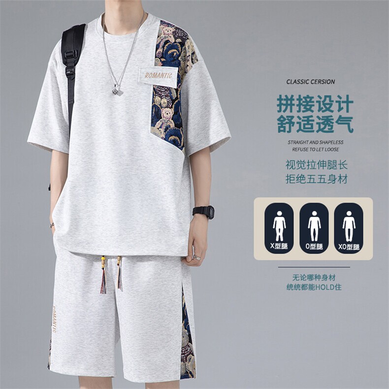 国潮套装男夏季潮牌拼接中国风两件套宽松休闲大码短袖小熊短裤子，男装T恤，电商A022