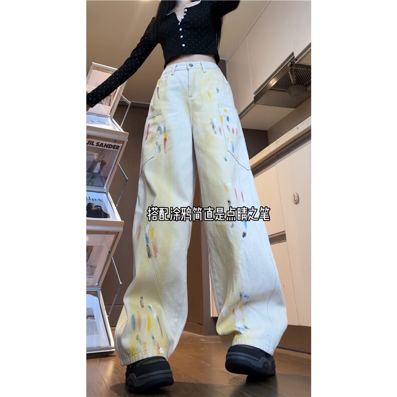 白色涂鸦牛仔裤男款秋季美式高街设计感弯刀阔腿裤宽松直筒休闲裤,男装牛仔裤,电商B315