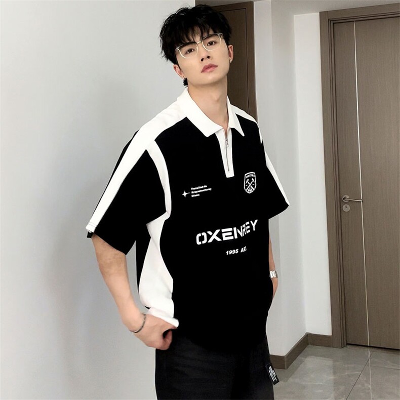 夏季港风宽松拼接短袖潮POLO衫808B-WH066-P48,男装Polo衫,星座808B