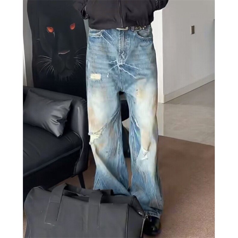 美式闪电裂水洗复古纹脏染破洞弯刀牛仔裤男女阔腿宽松镰刀长裤子,男装牛仔裤,星座601-1