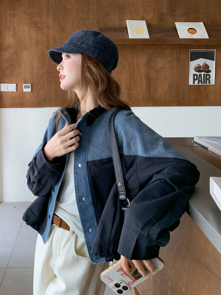 撞蓝色复古拼接牛仔外套2025新款女秋季韩系chic立领短款夹克上衣,女装短外套,1C071-1