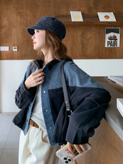 撞蓝色复古拼接牛仔外套2025新款女秋季韩系chic立领短款夹克上衣，女装短外套，1C071-1