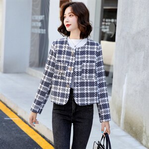 毛呢外套女2021秋冬新款短款长袖格子时尚潮流小香风气质外套图片