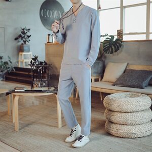 DY28*2021春秋季季男士棉麻长袖T恤中国风两件套装男 灰蓝色 *P75图片