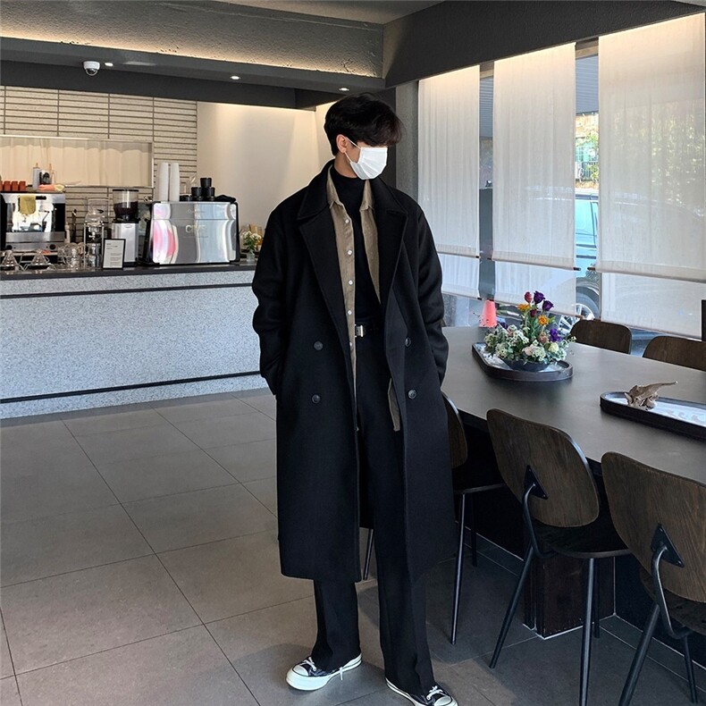 毛呢大衣男中长款过膝秋冬新款英伦风潮牌痞帅宽松呢子风衣外套，男装风衣，星座710