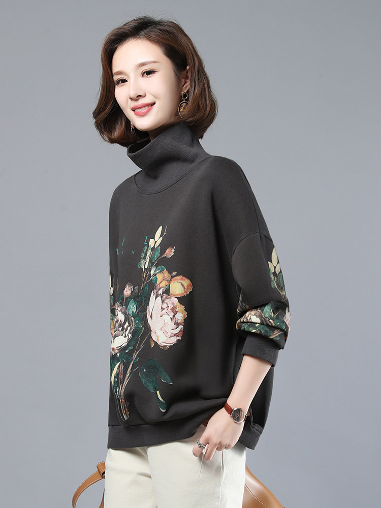 2023年春季新款潮韩版时尚印花高领卫衣女长袖休闲百搭打底衫女棉,女装卫衣/绒衫,简韵佳