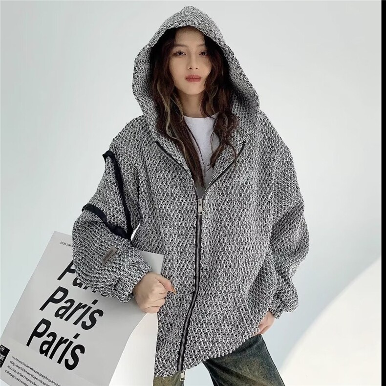 2025年美式连帽卫衣开衫男女春秋新款编织肌理设计感小香风外套图片