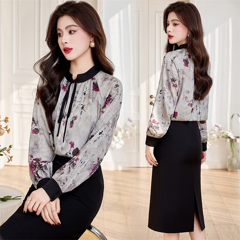 《现货新品》缎面提花领口绑绳设计时尚套裙两件套,女装套装/套裙,魅丽静蓝