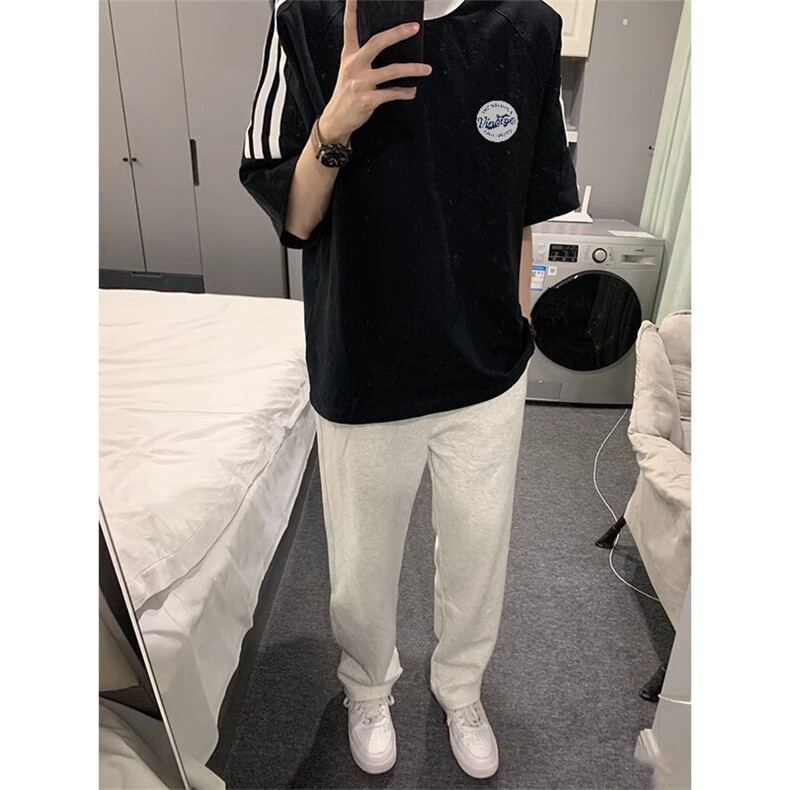 夏季美式高街重磅纯棉三条杠织带撞色男女短袖T恤ZD624-特P30图片
