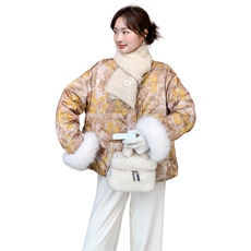 新中式印花羽绒服女2025冬短款毛绒拼接连帽保暖厚外套高级感洋气，女装羽绒服，2D148