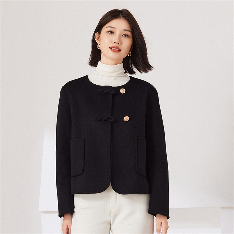 圆领短款2024年秋冬季新款羊毛双面呢大衣，女装双面呢大衣，织美生