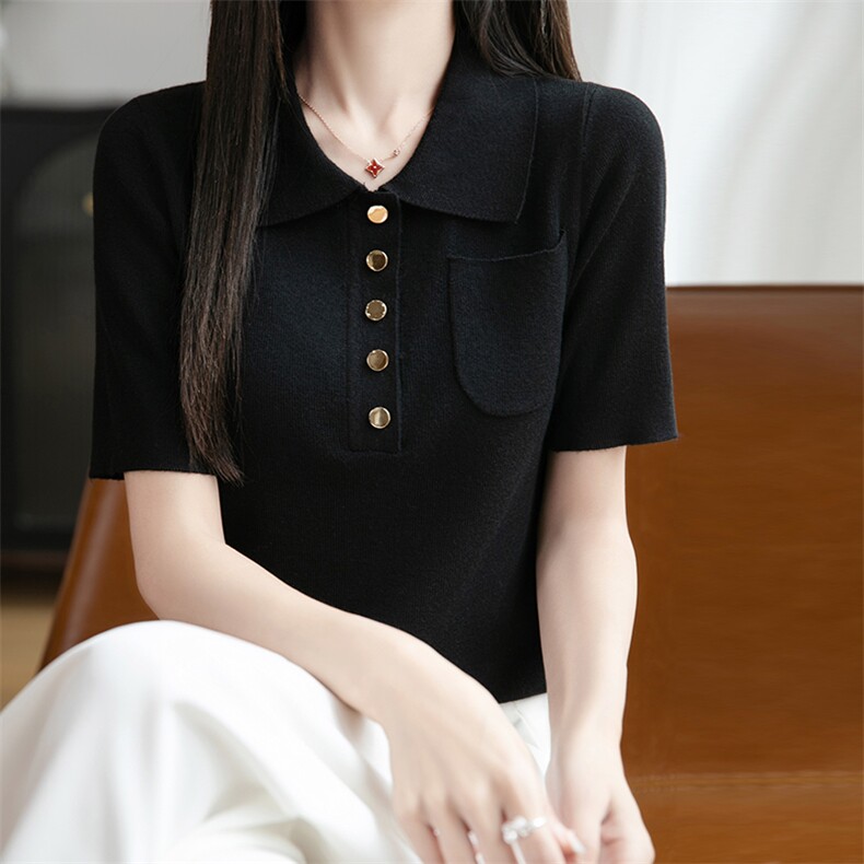 POLO领冰丝针织短袖T恤女夏季新款纽扣带兜纯色上衣宽松半袖打底图片