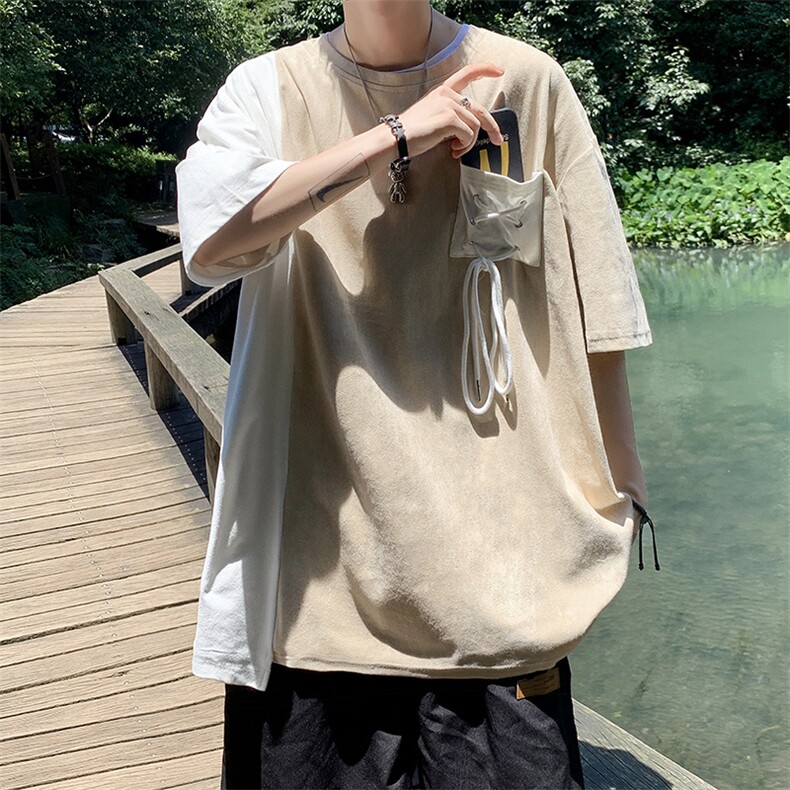 男生短袖t恤夏季新款潮流撞色五分袖潮牌鹿皮绒小众设计中袖上衣,男装T恤,星座1013