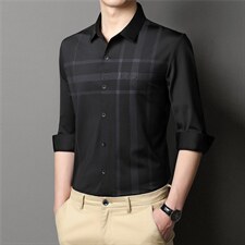 长袖条纹衬衫男2023秋季新款商务休闲装男士中年翻领宽松免烫衬衣，男装衬衫，电商B212（原钱塘6029）