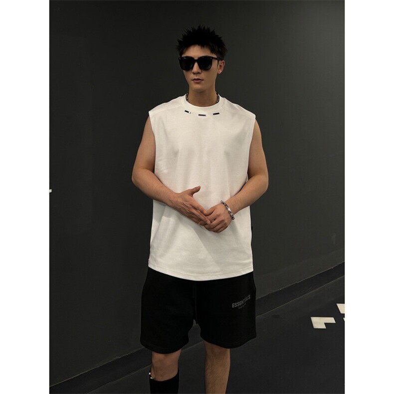 得物抖音品质二开240克双纱纯棉美式高街痞帅金属T恤无袖背心，男装背心/马甲，电商A486-1