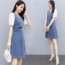 2021新款夏韩版衬衫袖拼接牛仔连衣裙短袖修身显瘦，女装连衣裙，瑶迪依秀