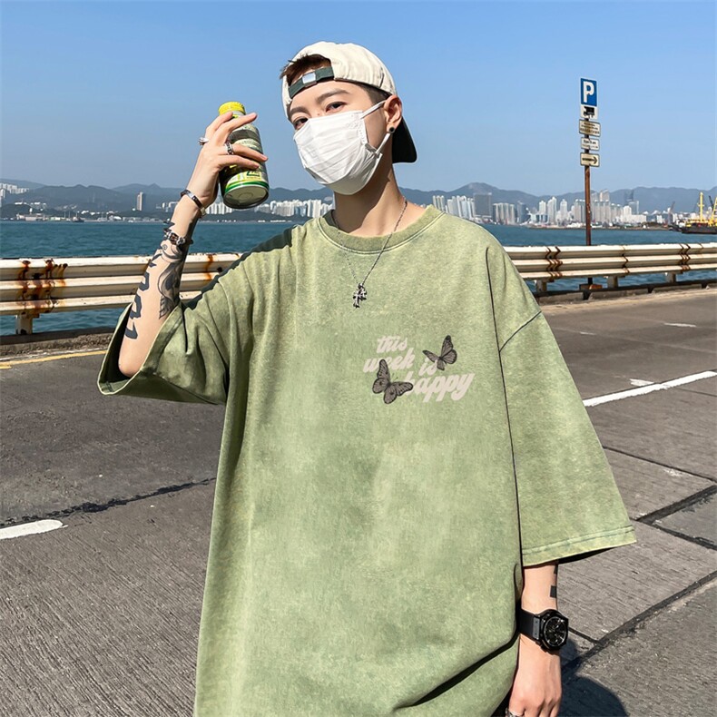 B239-1163-P38蝴蝶字母印花复古水洗做旧半袖重磅短袖T恤美式,男装T恤,星座514-2(原B239)