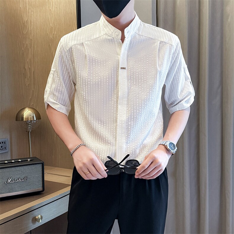 夏男立领条纹衬衫男休闲修身休闲衬衣小伙A236-82550-P60,男装衬衫,电商A236