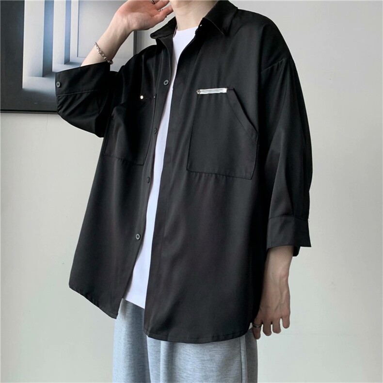 七分袖衬衫男港风百搭宽松衬衣夏潮流ins休闲工装外套W1004-P30,男装衬衫,星座512-2